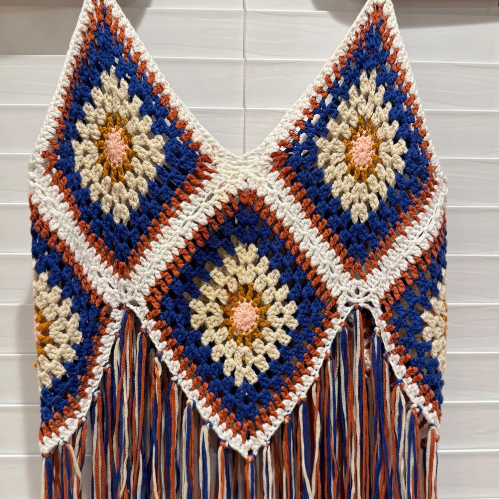 Crochet Fringe Tank Top Bohemian Festival Blue Orange Size M FL Gators Auburn - Picture 4 of 8